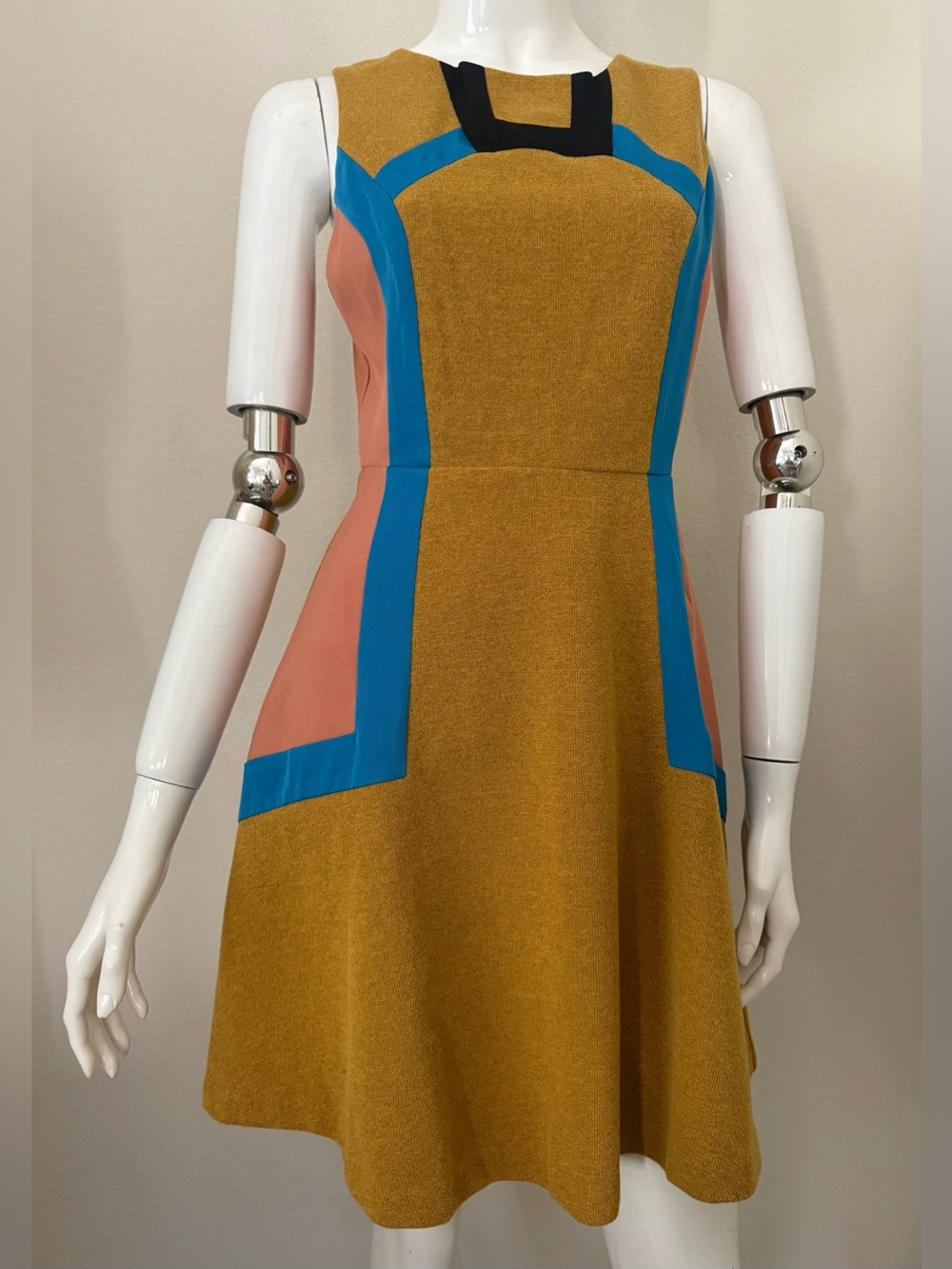 Colorblocked Mustard Fit-&-Flare Dress with Pink & Blue Accents